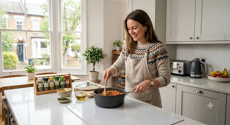 Professional non-stick saucepan with lid on a modern induction hob in a bright kitchen.
