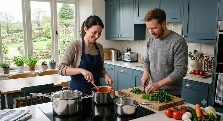 A wide, daylight photograph of a modern British kitchen with a couple cooking, featuring the complete best saucepan set on a clean induction hob.