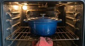 A cast iron casserole dish placed inside a hot oven for slow roasting a meal.