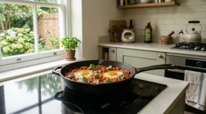 A classic pre-seasoned cast iron frying pan on a modern induction hob, demonstrating heavy-duty induction compatibility.