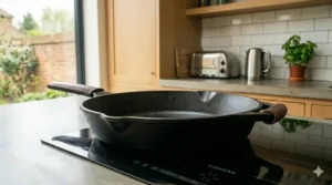 Labeled illustration of a cast iron skillet highlighting the dual pouring spouts, ergonomic main handle, and sturdy helper handle.