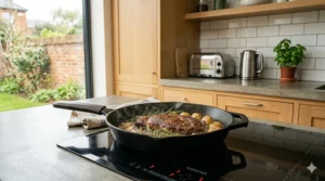 A chef using oven gloves to safely transfer a hot cast iron skillet from a traditional gas oven onto the hob.
