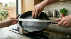 A comparison diagram showing three sizes of a cast iron skillet measured in centimetres, from a small 20cm pan to a family-sized 30cm skillet.