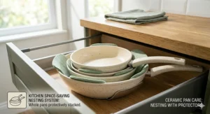 A nest of three different sized ceramic frying pans stacked neatly in a kitchen cupboard using pan protectors to save space.