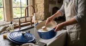 A person carefully washing a durable cast iron casserole dish by hand.