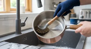 A person cleaning the interior of a milk pan with a spout using a scrubbing brush in a kitchen sink.