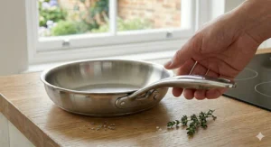 Washing a shiny stainless steel frying pan in a kitchen sink with soapy water and a non-scratch sponge.
