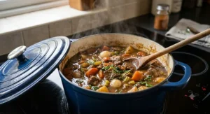A hearty beef stew simmering inside a heavy-duty cast iron casserole dish.