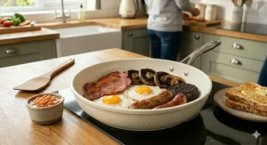 Fried eggs and back bacon sizzling cleanly inside a grey ceramic frying pan without sticking to the surface.