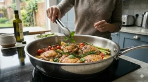 A full English breakfast with sausages, bacon, and grilled tomatoes cooking together in a large frying pan.