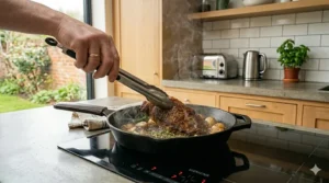 Close-up of a chef using metal tongs to turn a thick, searing ribeye steak with fresh herbs in a hot cast iron skillet.