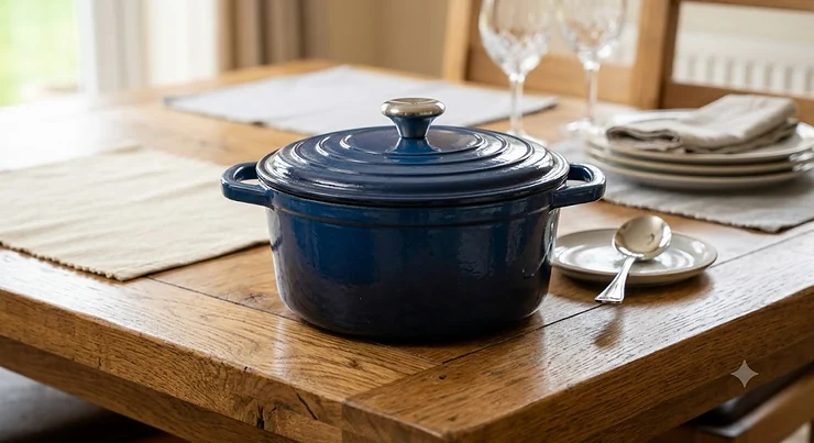 A vibrant enamelled cast iron casserole pot suitable for oven-to-table serving.