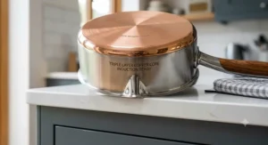 A compact milk pan with a pouring spout and ergonomic heat-resistant handle resting on a kitchen surface.