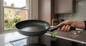 A close-up of a person holding a non-stick frying pan above an induction hob, highlighting the comfortable ergonomic grip and a green leaf graphic denoting a stay-cool handle.