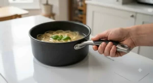Ergonomic, stay-cool stainless steel handle on a non-stick saucepan.
