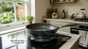 A top-down view showing a frying pan base perfectly aligned and matching the size of the circular induction hob ring marking.