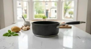 Close-up of a robust, hard-anodised aluminium non-stick saucepan.