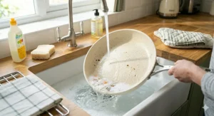 A person easily rinsing a ceramic frying pan under a kitchen tap with a soft sponge, demonstrating easy washing-up.