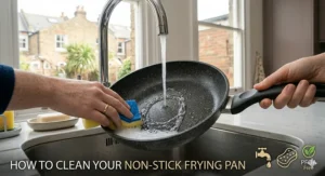 A person washing a non-stick frying pan in a stainless steel kitchen sink under a running tap using a gentle washing-up sponge, with text reading How to clean your non-stick frying pan.