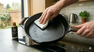 Step-by-step graphic showing a thin layer of vegetable oil being buffed into a clean cast iron skillet to build up its natural non-stick seasoning.