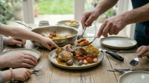 A large frying pan hanging neatly from a kitchen wall rack alongside other cookware.