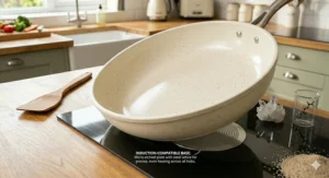 Close-up graphic of the base of a ceramic frying pan showing the steel induction plate grid, compatible with gas, electric, and induction hobs.