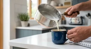 A stainless steel milk pan with a pouring spout placed on an induction hob, highlighting its compatibility.