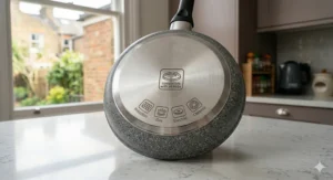 The stainless steel underside of a speckled grey non-stick frying pan, clearly showing stamped symbols certifying it is compatible with all hobs, including induction, gas, electric, and ceramic.