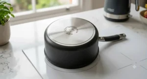 Bottom view of an induction-compatible saucepan showing heat-conducting base.