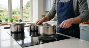 A focused close-up showing a chef placing a stainless steel saucepan from the featured set onto a modern induction hob to demonstrate even heat connectivity.