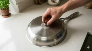 A hand holding a small magnet against the flat base of a frying pan to test its magnetic compatibility for an induction hob.
