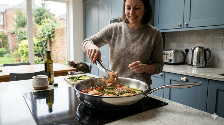 A large stainless steel frying pan on a modern induction hob with sizzling chicken breasts and fresh rosemary.