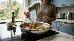 A large non-stick frying pan, 28cm in diameter, showing a smooth scratch-resistant coating.