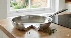 Cross-section illustration showing the multi-ply construction layers of a high-quality stainless steel frying pan with an aluminium core.