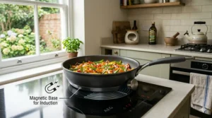 A durable non-stick aluminium frying pan sitting perfectly flat on an induction hob zone with digital controls illuminated.