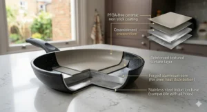 A photorealistic cross-section diagram of a non-stick frying pan on a marble worktop, detailing layers including a PFOA-free ceramic non-stick coating, a reinforced textured surface layer, a forged aluminium core, and a stainless steel induction base.