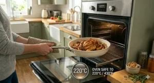 A ceramic frying pan being placed directly into a hot oven, highlighting its stainless steel handle and oven-safe rating up to 220 degrees.