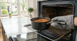 A non-stick saucepan being placed into an oven for versatile cooking.