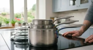 A versatile view of one of the all-metal saucepans transitioning from hob cooking to the oven, illustrating the set's high-temperature durability.