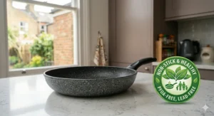 A speckled grey non-stick frying pan sitting on a kitchen worktop next to a green round badge that reads Non-Stick & Healthy, PFOA-free, and Lead-free.