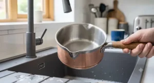 Close-up of a milk pan showcasing the precision design of the pouring spout over a kitchen sink.