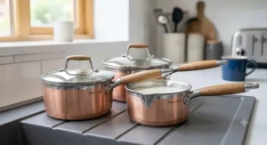 A matching set of professional kitchen pans, including a milk pan with a spout, displayed on a drainer.