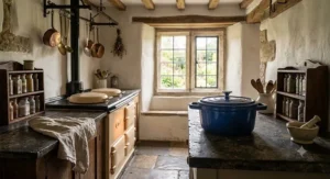 A traditional cast iron casserole dish displayed in a rustic British country kitchen.