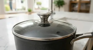 Non-stick saucepan with a tight-fitting tempered glass lid.