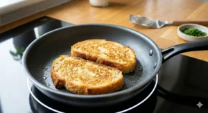A detailed close-up illustration of two slices of crispy, golden-brown fried British bloomer bread side-by-side inside the small frying pan on an induction hob.