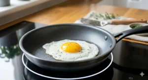 A single large egg with a perfectly bright yellow yolk frying gently in a small frying pan on a modern glass induction hob in a bright British kitchen.