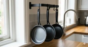 A detailed close-up illustration of a wall-mounted hanging rack in a bright British kitchen holding three small frying pans by their handles for organised, compact storage.