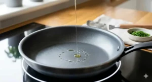 A detailed close-up illustration focusing on a minimal drizzle of olive oil being applied to the smooth, matte non-stick surface of the small frying pan on an induction hob.