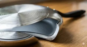 A high-resolution close-up cutaway illustration showing the stainless steel plate, aluminium core, and non-stick layers of the small frying pan's induction-compatible base on an oak worktop.