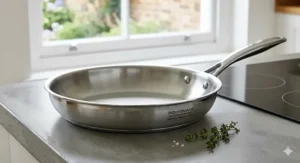 Searing a thick ribeye steak to a rich golden-brown colour in a stainless steel frying pan on a gas hob.